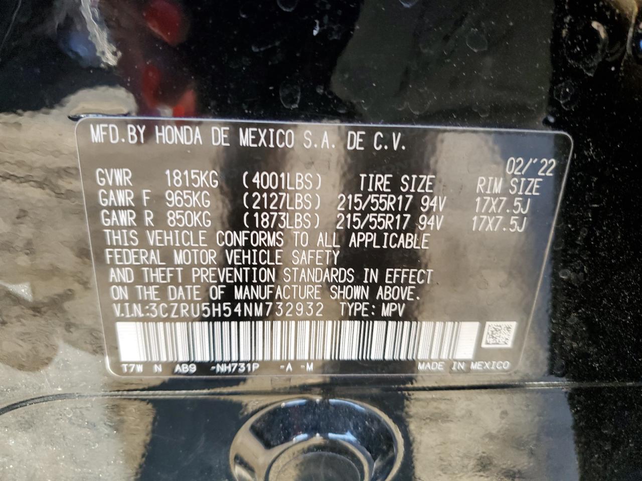 2022 HONDA HR-V EX VIN:3CZRU5H54NM732932