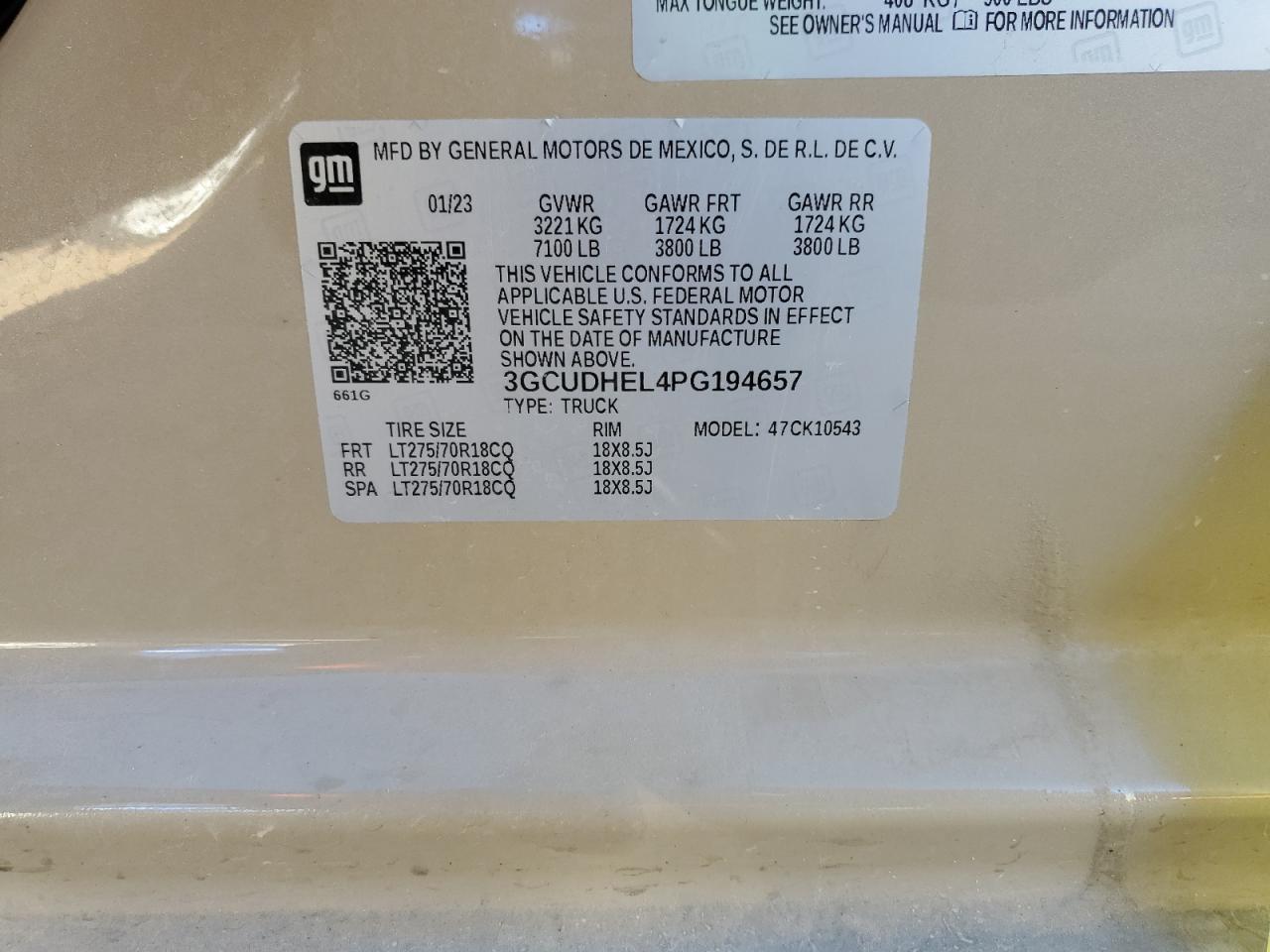 2023 CHEVROLET SILVERADO K1500 ZR2 VIN:3GCUDHEL4PG194657