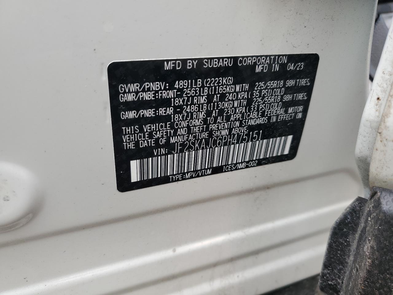 2023 SUBARU FORESTER SPORT VIN:JF2SKAJC6PH475151