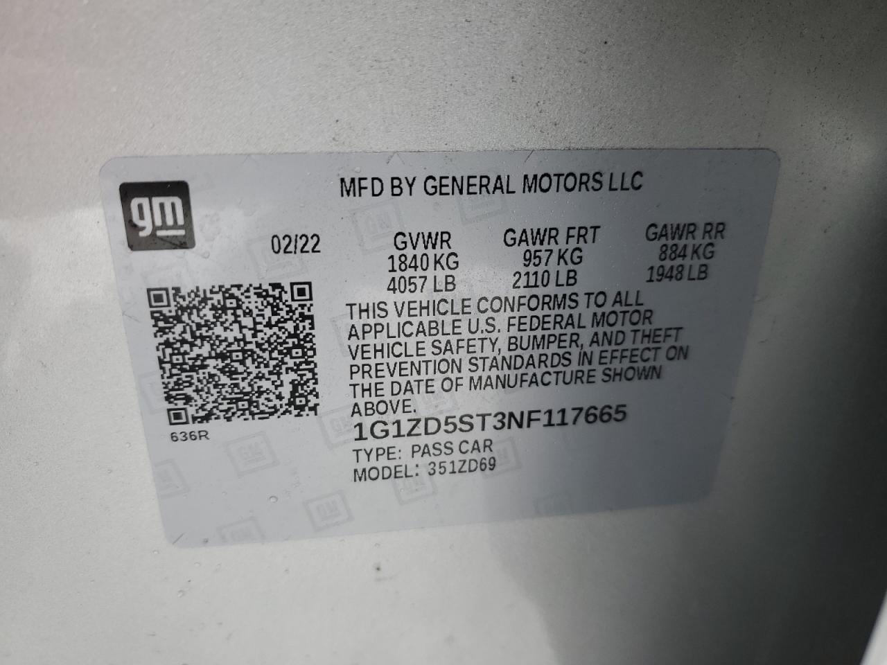 2022 CHEVROLET MALIBU LT VIN:1G1ZD5ST3NF117665