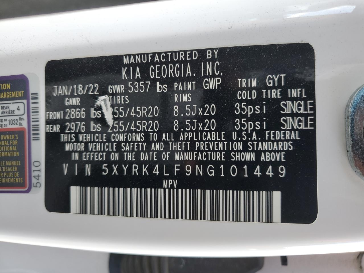 2022 KIA SORENTO SX VIN:5XYRK4LF9NG101449