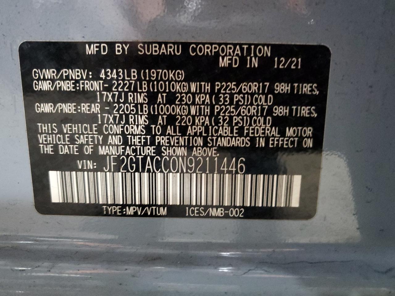 2022 SUBARU CROSSTREK PREMIUM VIN:JF2GTACC0N9211446