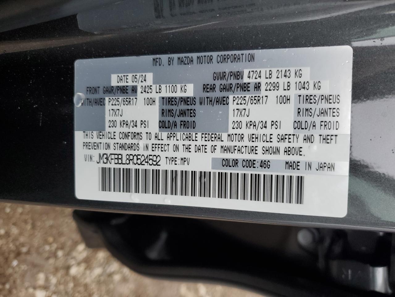 2024 MAZDA CX-5 SELECT VIN:JM3KFBBL8R0524592