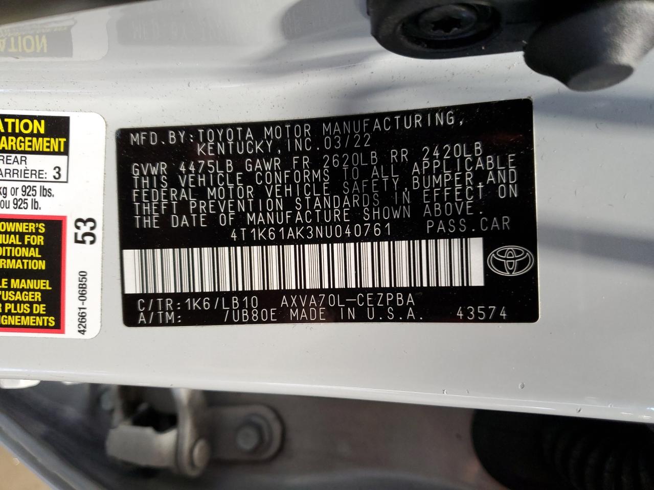 2022 TOYOTA CAMRY XSE VIN:4T1K61AK3NU040761