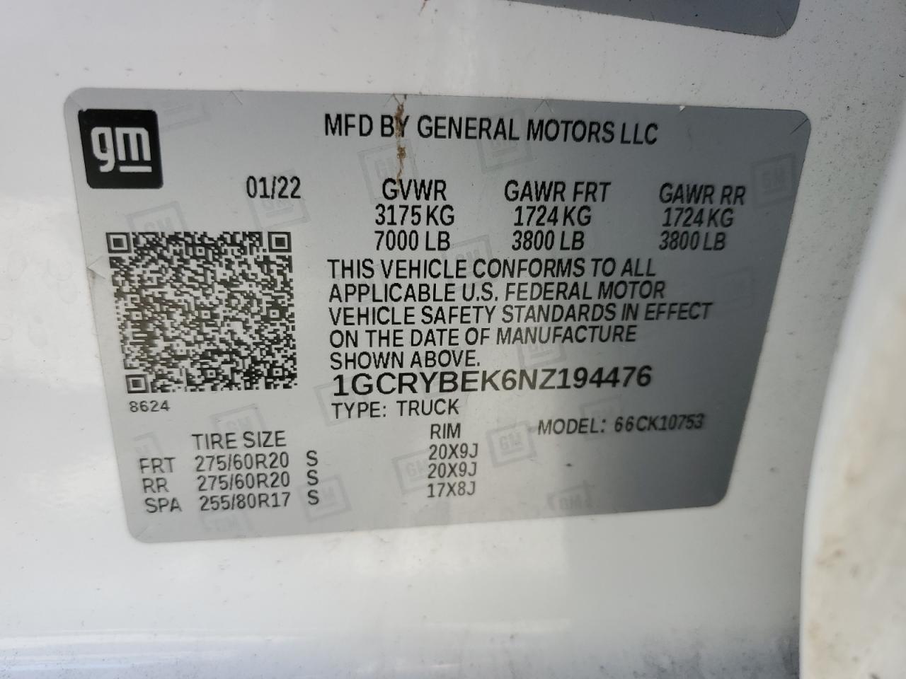 2022 CHEVROLET SILVERADO LTD K1500 CUSTOM VIN:1GCRYBEK6NZ194476