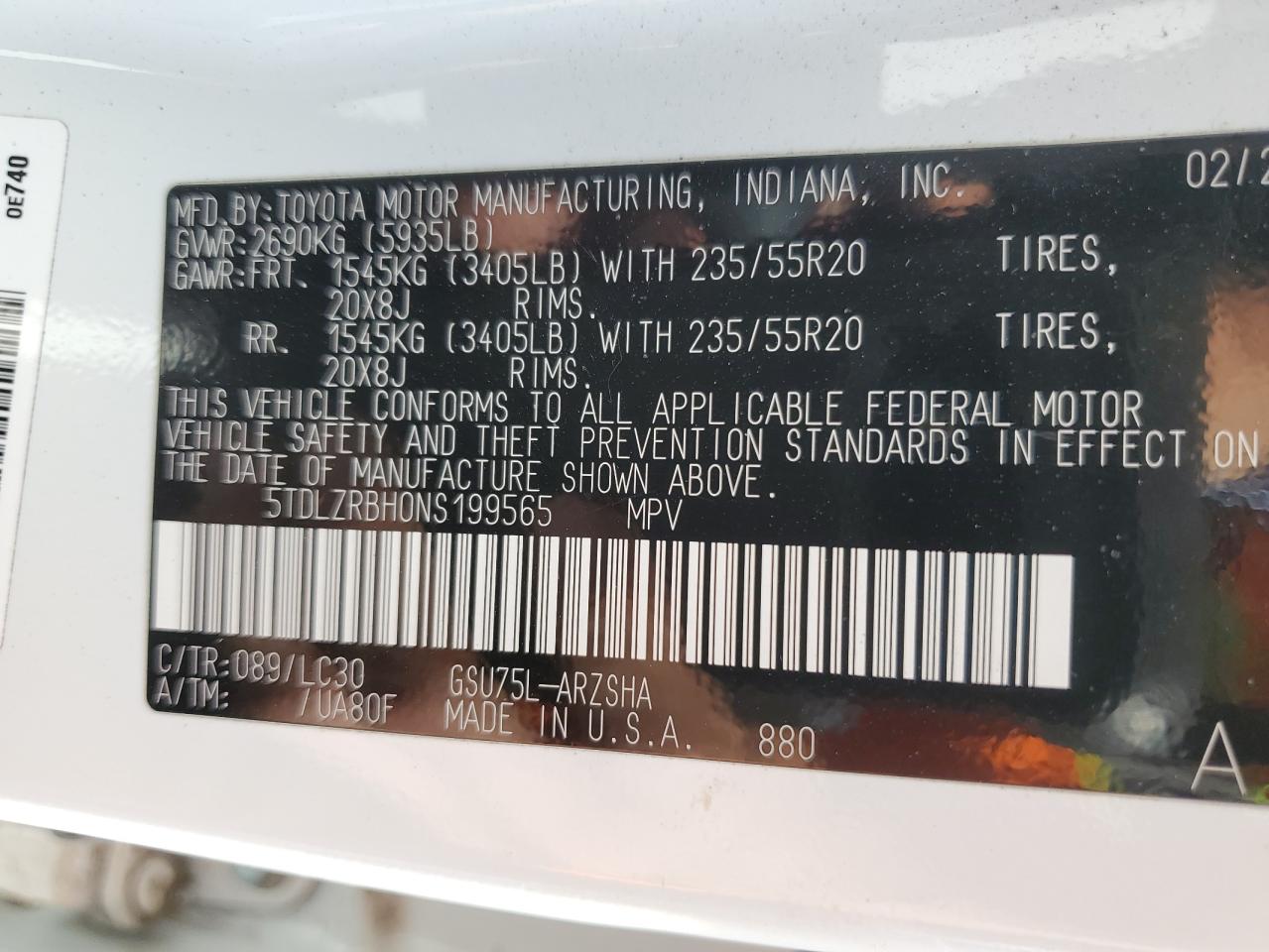 2022 TOYOTA HIGHLANDER XSE VIN:5TDLZRBH0NS199565