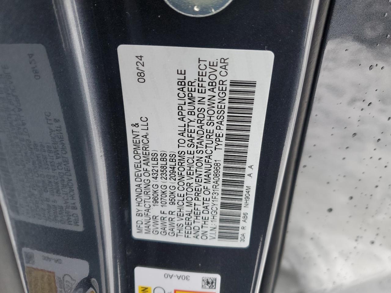 2024 HONDA ACCORD EX VIN:1HGCY1F31RA089681