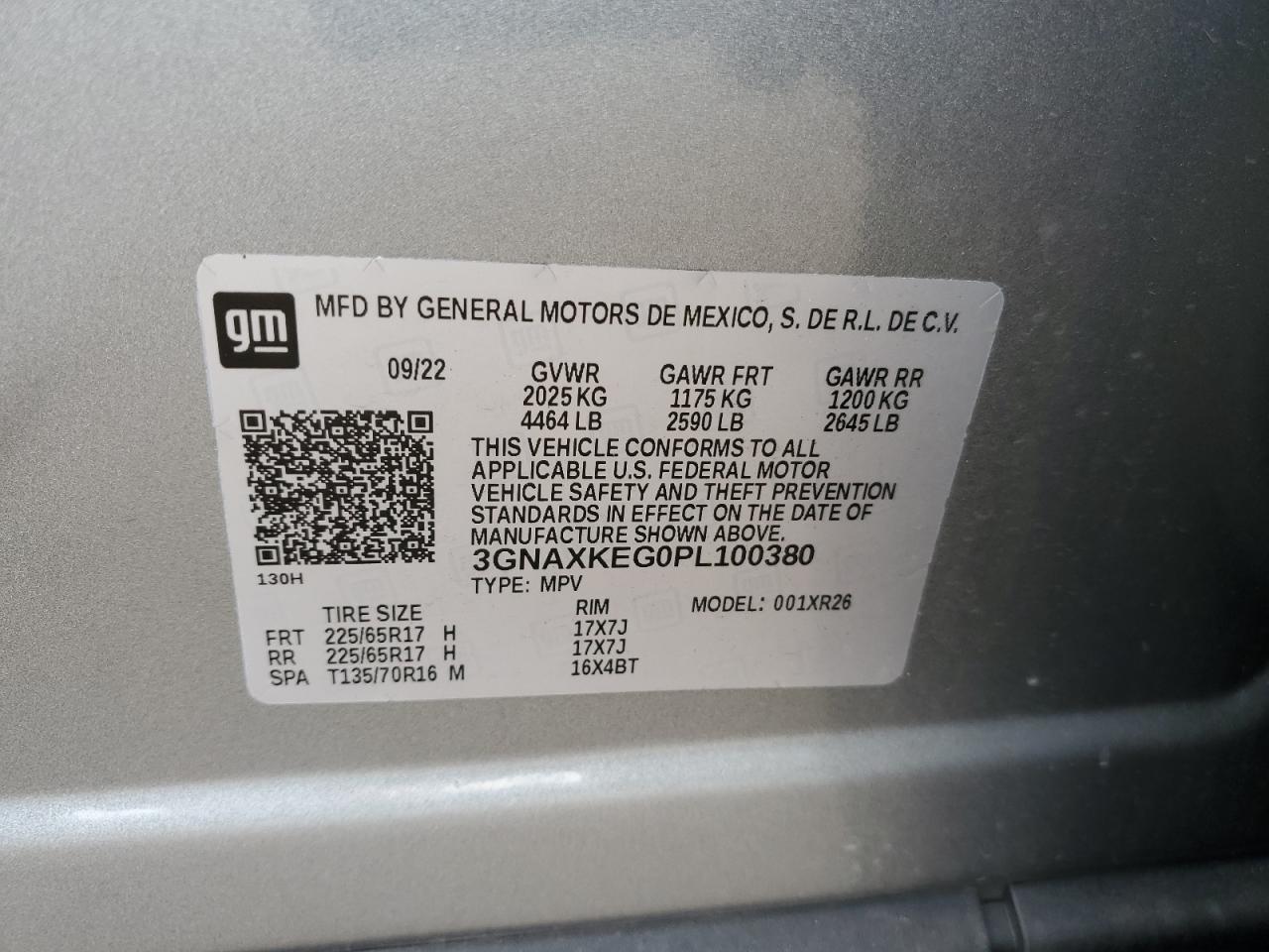 2023 CHEVROLET EQUINOX LT VIN:3GNAXKEG0PL100380