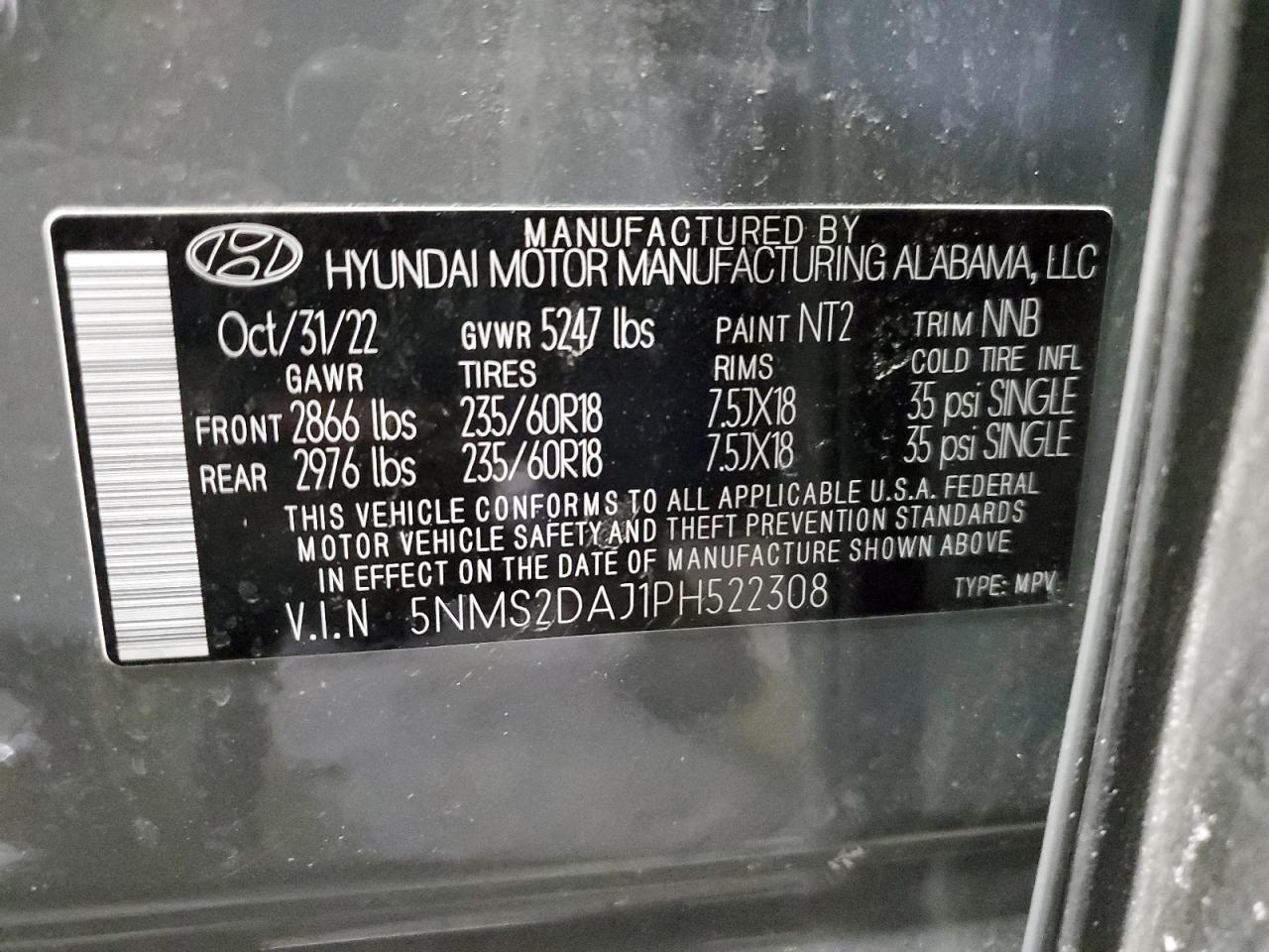 2023 HYUNDAI SANTA FE SEL VIN:5NMS2DAJ1PH522308