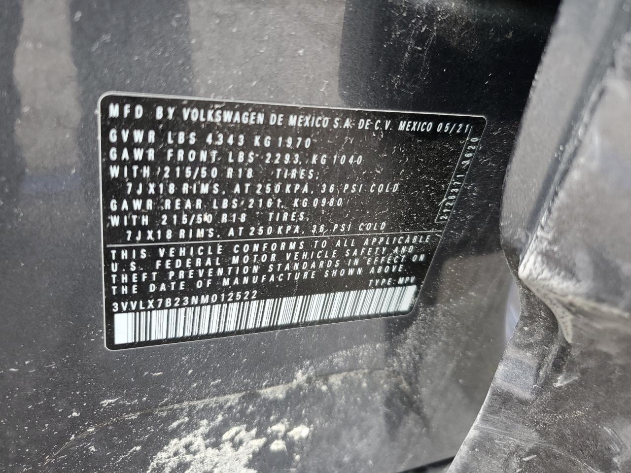 2022 VOLKSWAGEN TAOS SE IQ DRIVE VIN:3VVLX7B23NM012522