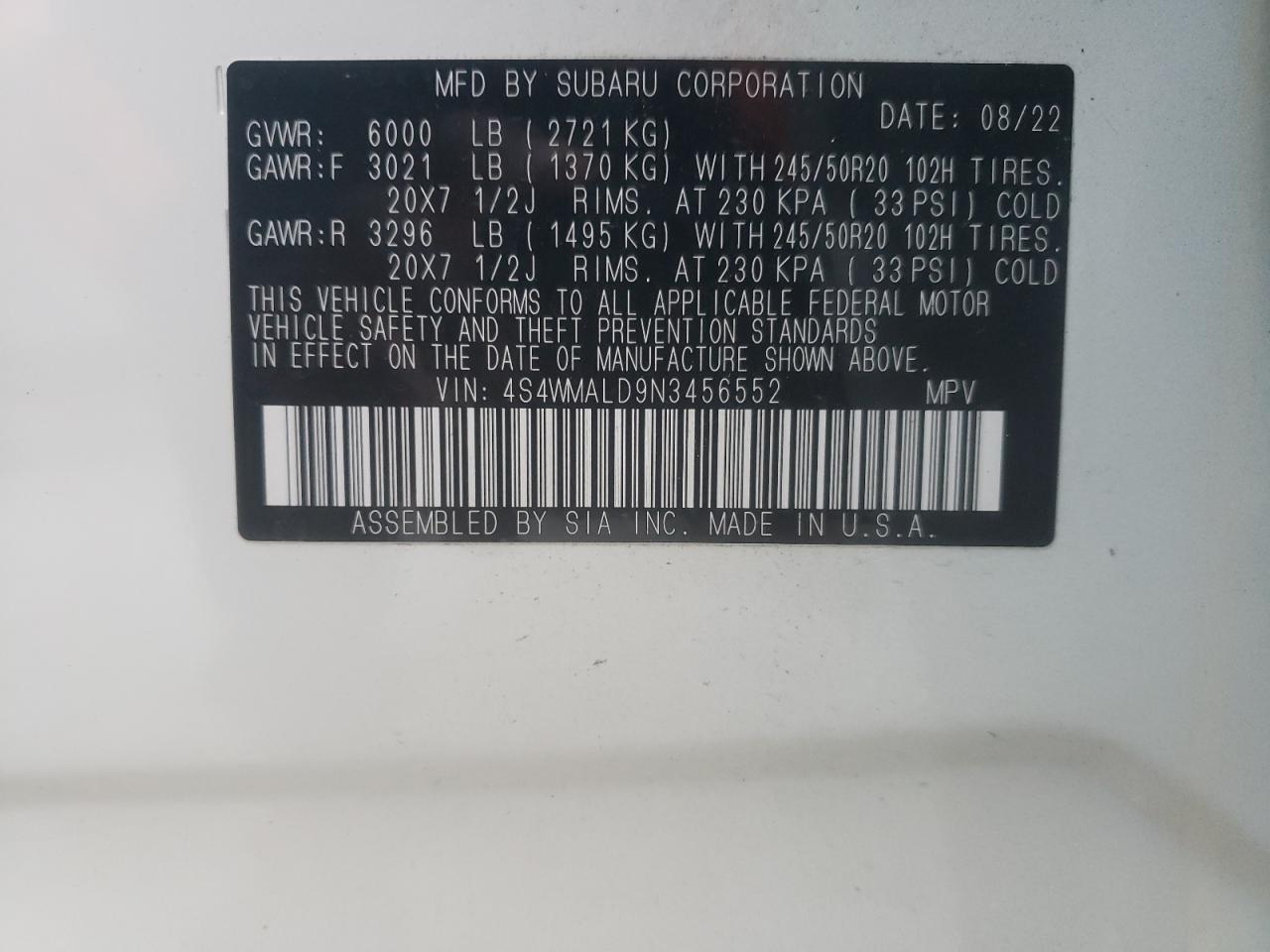 2022 SUBARU ASCENT LIMITED VIN:4S4WMALD9N3456552