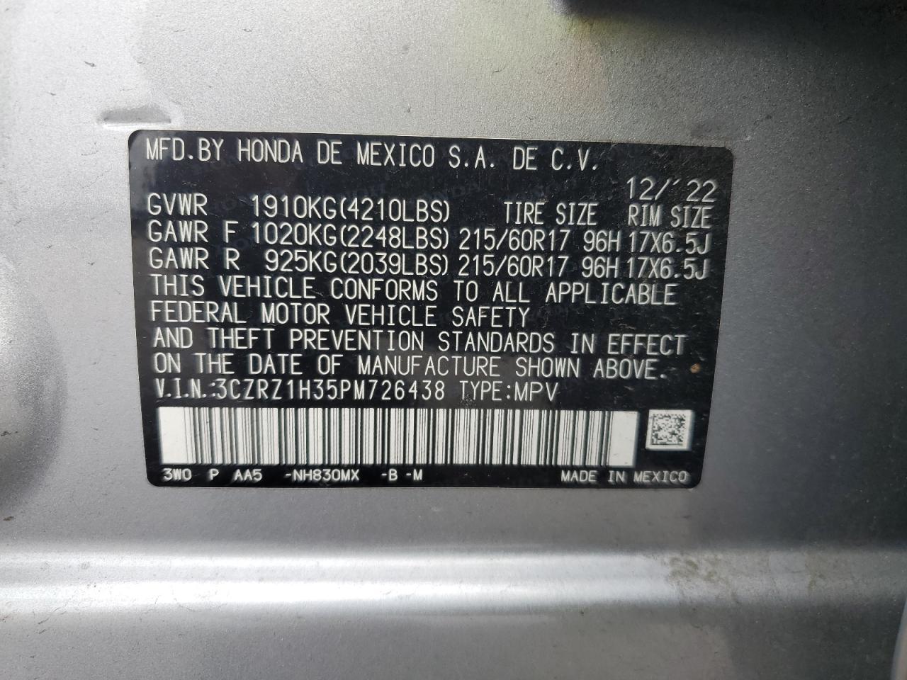 2023 HONDA HR-V LX VIN:3CZRZ1H35PM726438