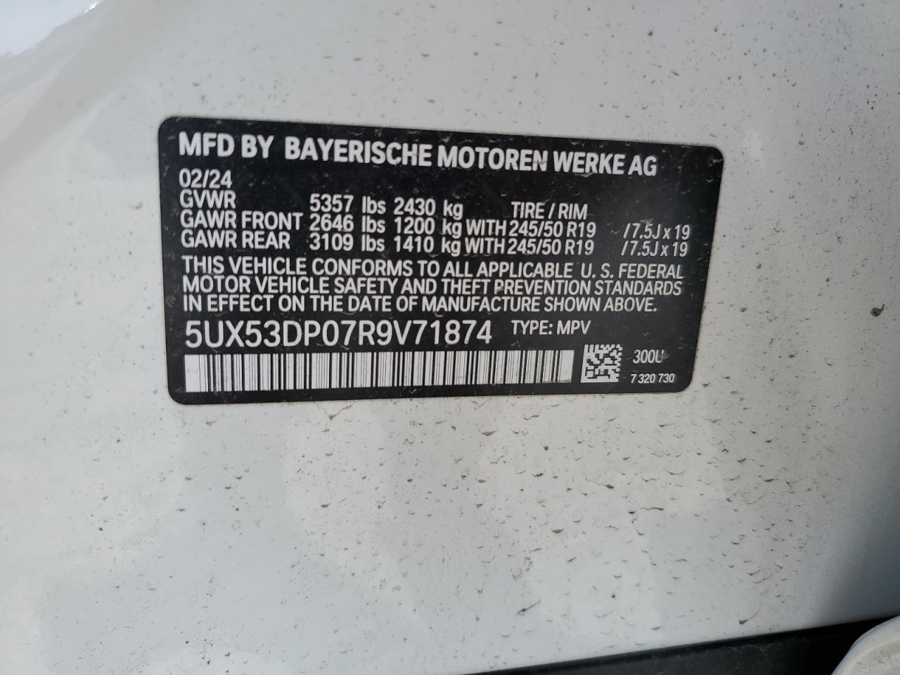 2024 BMW X3 XDRIVE30I VIN:5UX53DP07R9V71874