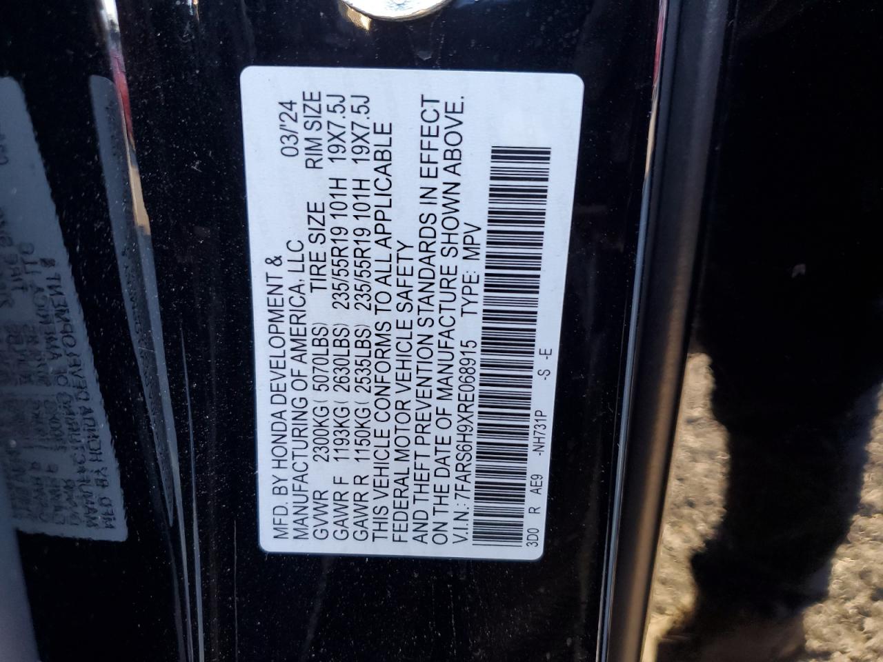 2024 HONDA CR-V SPORT TOURING VIN:7FARS6H9XRE068915