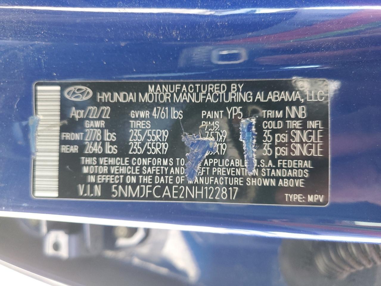 2022 HYUNDAI TUCSON SEL VIN:5NMJFCAE2NH122817