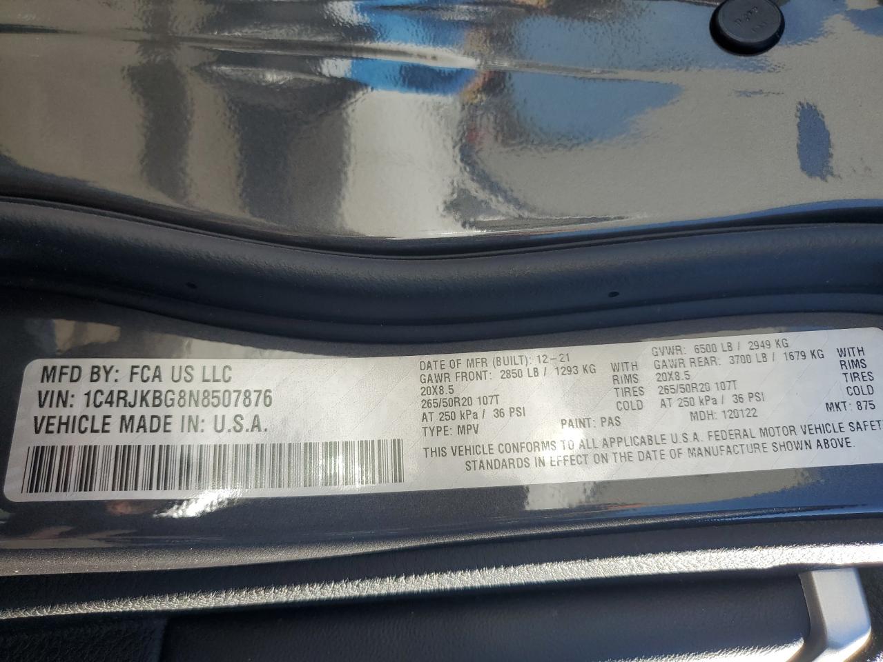 2022 JEEP GRAND CHEROKEE L LIMITED VIN:1C4RJKBG8N8507876