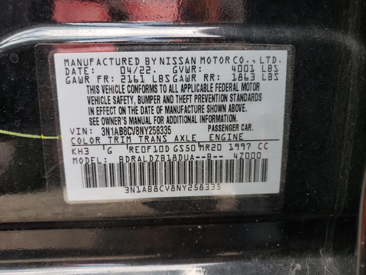 2022 NISSAN SENTRA SV VIN:3N1AB8CV8NY258335