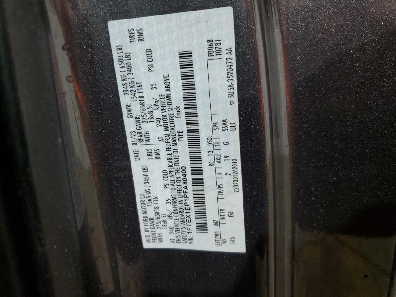 2023 FORD F150 SUPER CAB VIN:1FTEX1EP1PFA80400