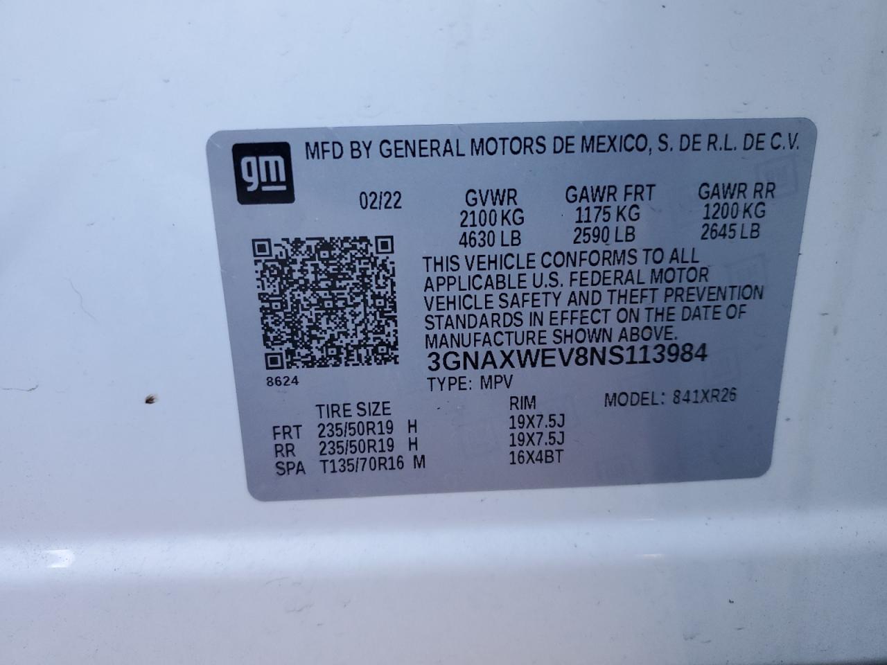 2022 CHEVROLET EQUINOX RS VIN:3GNAXWEV8NS113984