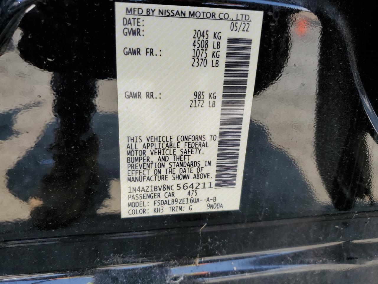 2022 NISSAN LEAF S VIN:WP0AA2A8XNS255297