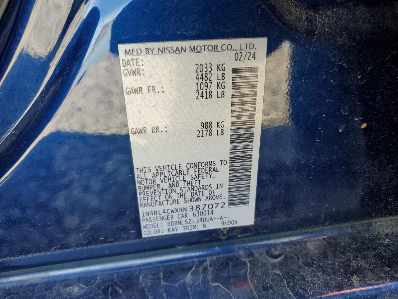 2024 NISSAN ALTIMA SR VIN:1N4BL4CWXRN387072