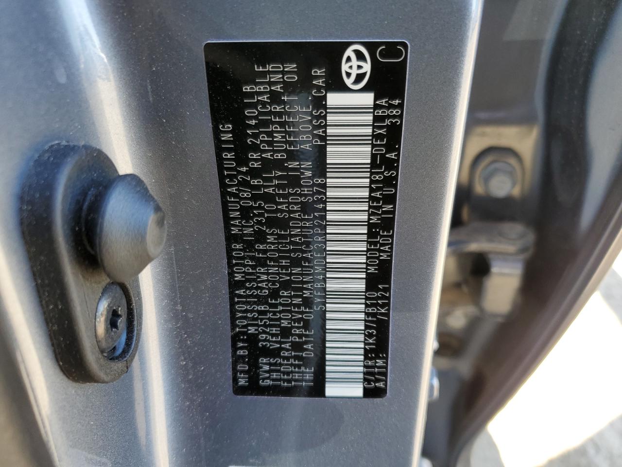 2024 TOYOTA COROLLA LE VIN:5YFB4MDE3RP214378