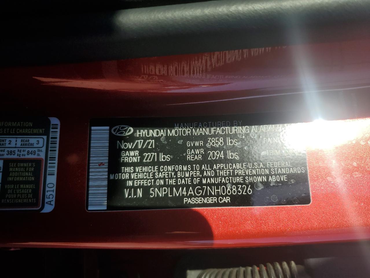 2022 HYUNDAI ELANTRA SEL VIN:5NPLM4AG7NH068326