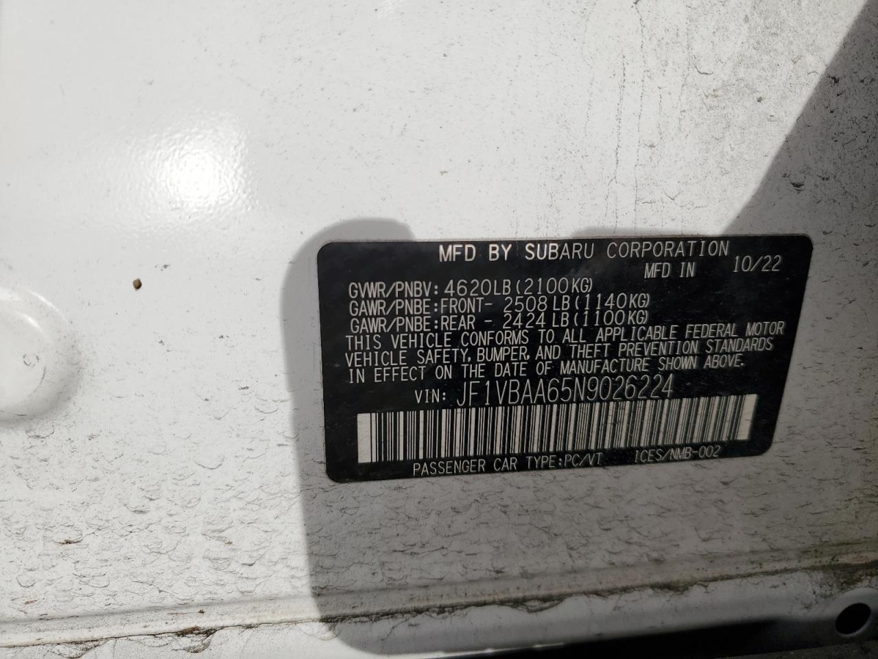 2022 SUBARU WRX  VIN:JF1VBAA65N9026224