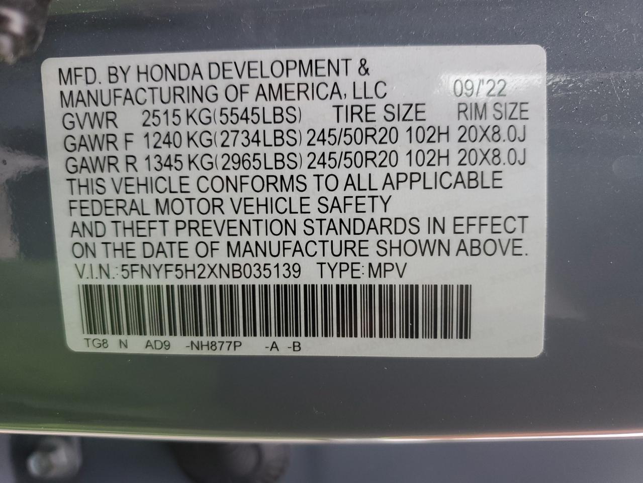 2022 HONDA PILOT SE VIN:5FNYF5H2XNB035139