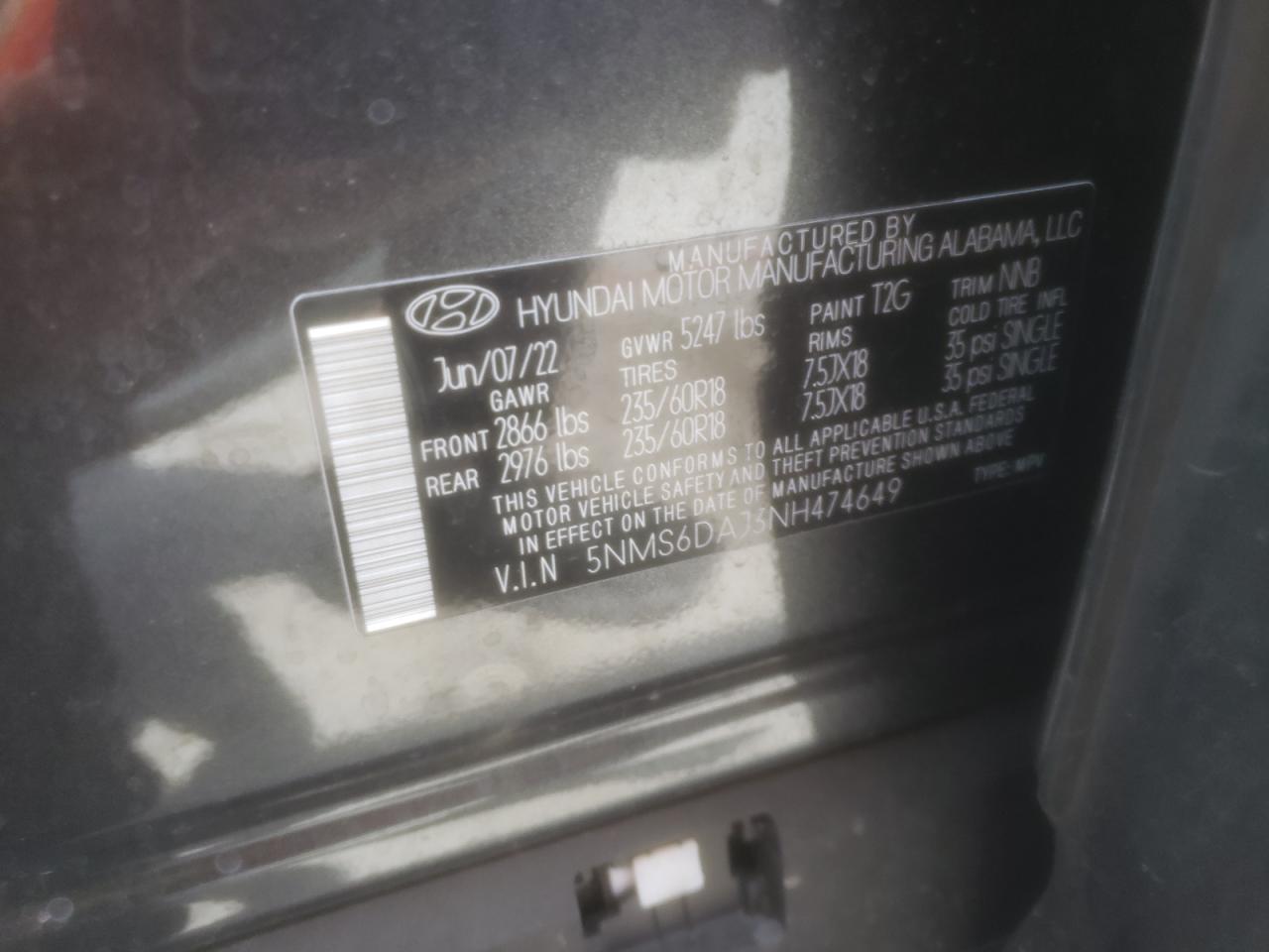 2022 HYUNDAI SANTA FE SEL VIN:5NMS6DAJ3NH474649