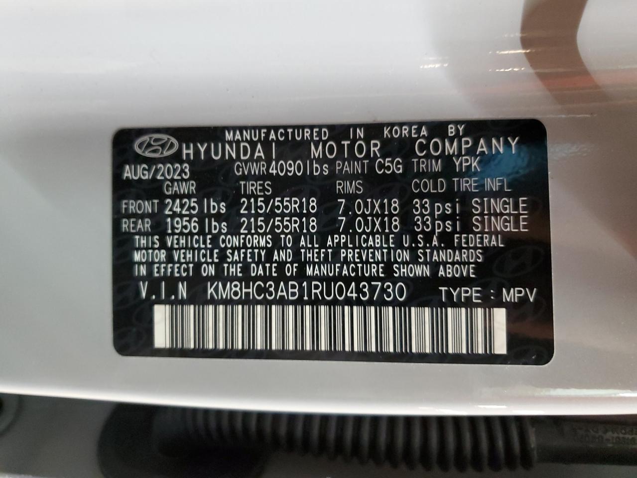 2024 HYUNDAI KONA SEL VIN:KM8HC3AB1RU043730