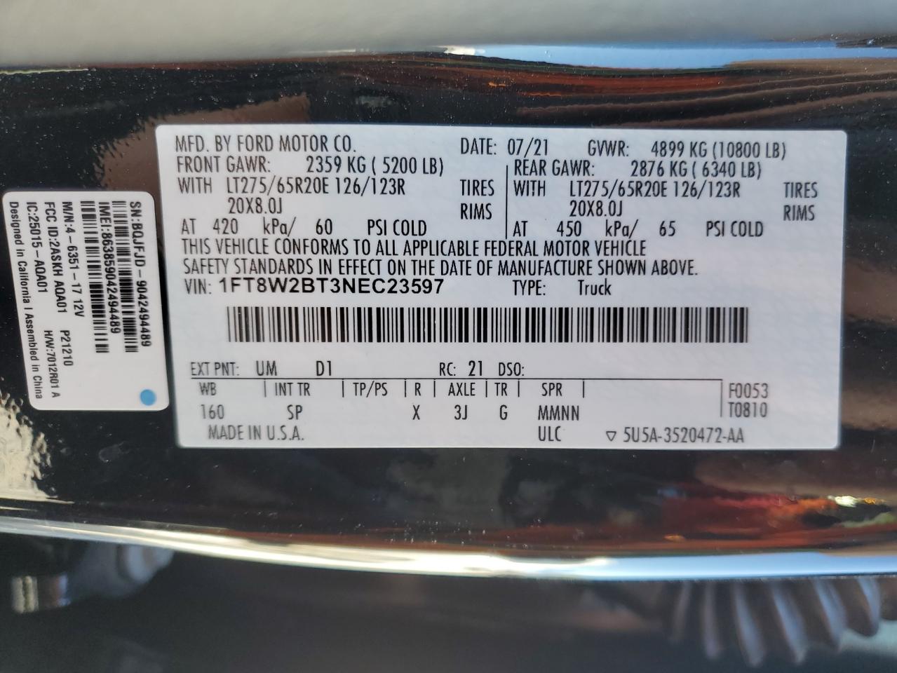 2022 FORD F250 SUPER DUTY VIN:1FT8W2BT3NEC23597