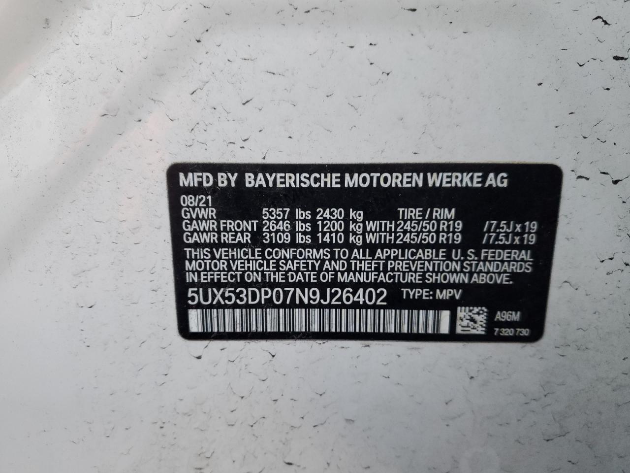 2022 BMW X3 XDRIVE30I VIN:5UX53DP07N9J26402