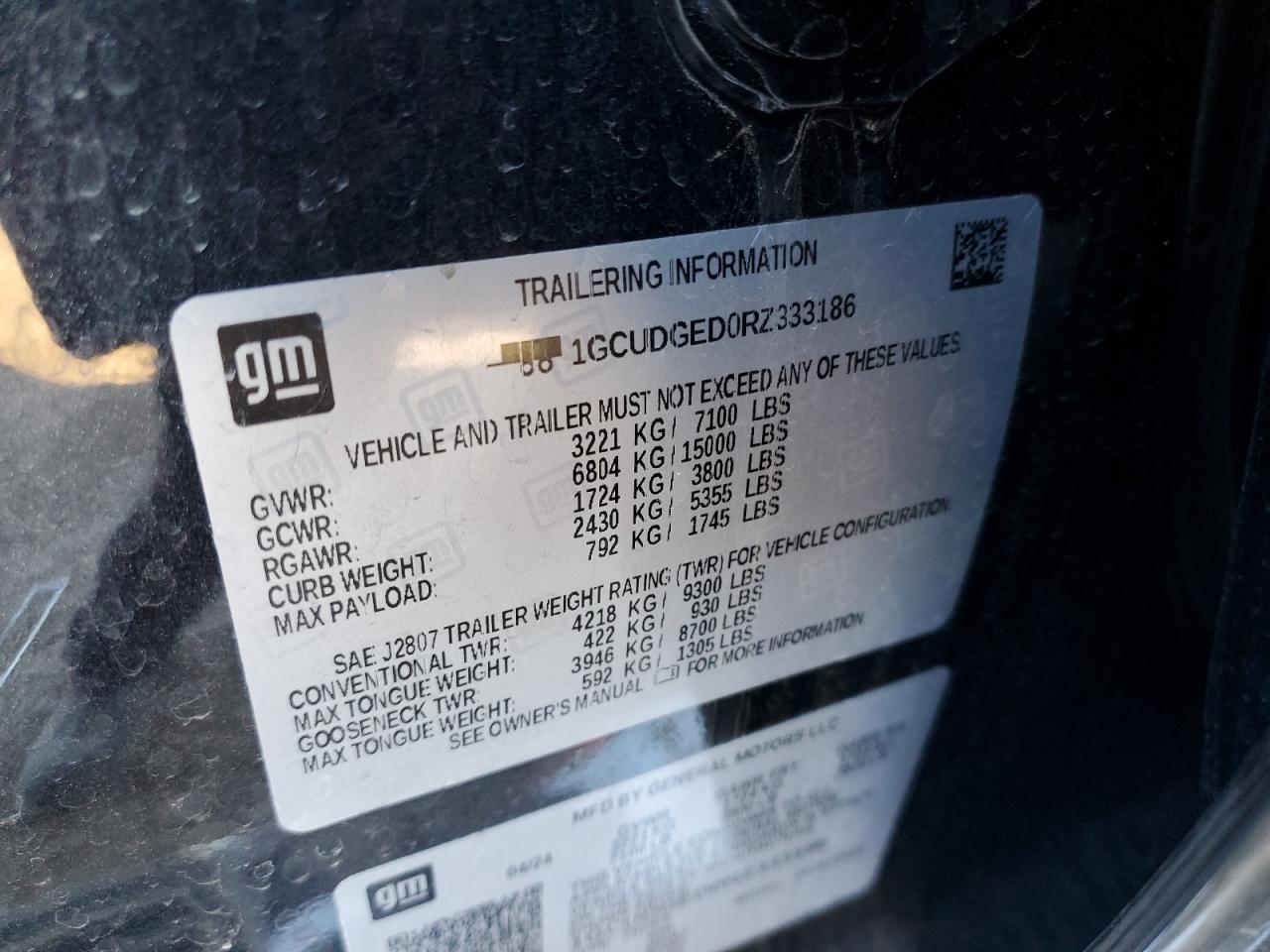 2024 CHEVROLET SILVERADO K1500 LTZ VIN:1GCUDGED0RZ333186