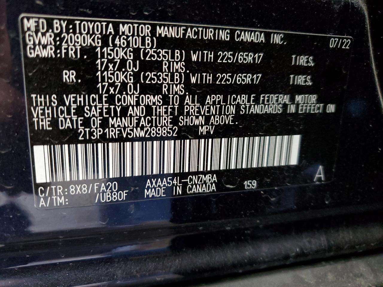 2022 TOYOTA RAV4 XLE VIN:2T3P1RFV5NW289852