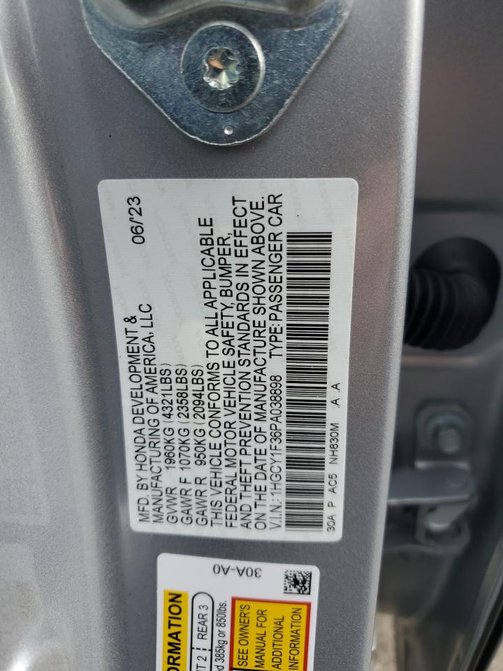 2023 HONDA ACCORD EX VIN:1HGCY1F36PA038898