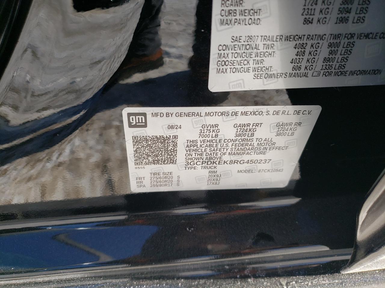 2024 CHEVROLET SILVERADO K1500 LT-L VIN:3GCPDKEK8RG450237