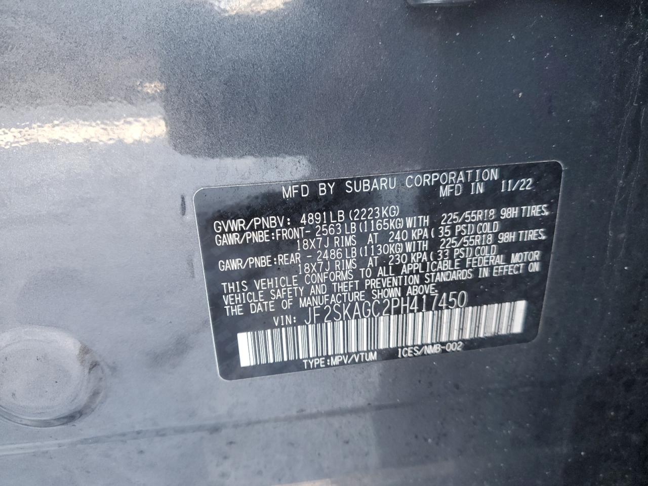 2023 SUBARU FORESTER SPORT VIN:JF2SKAGC2PH417450