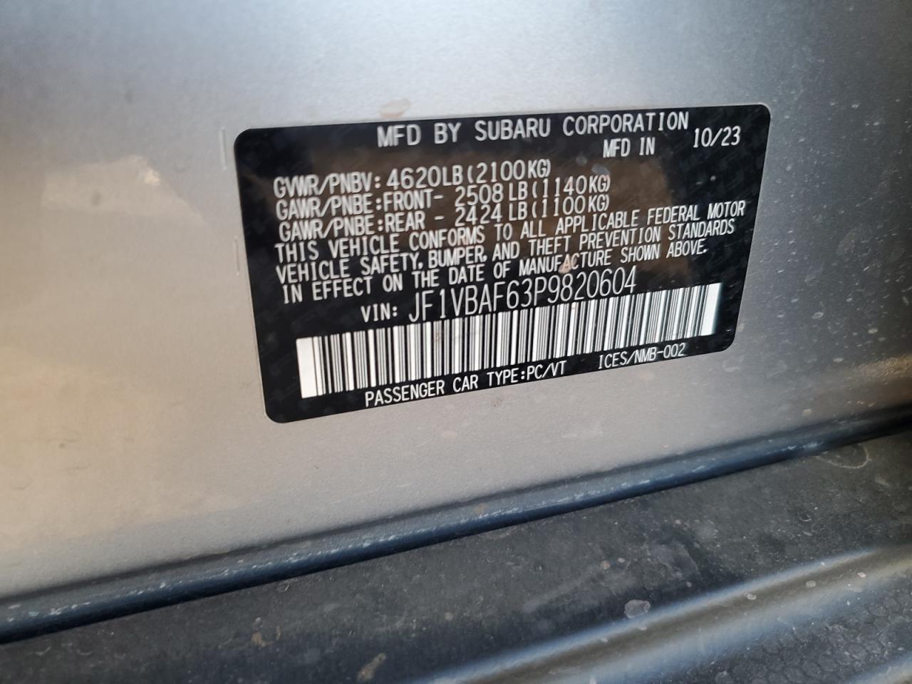 2023 SUBARU WRX PREMIUM VIN:JF1VBAF63P9820604