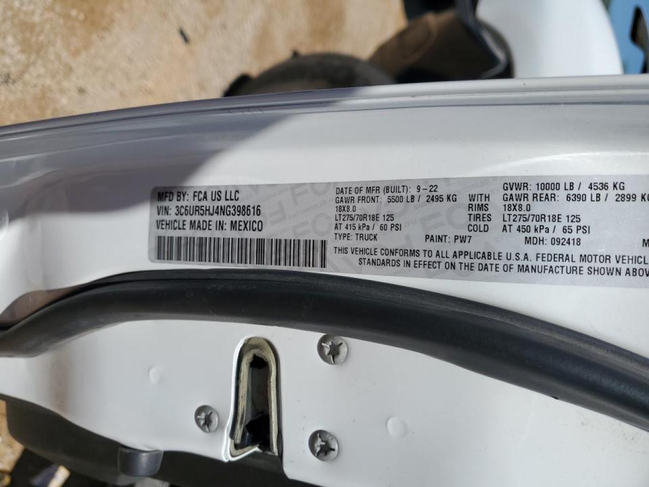 2022 RAM 2500 TRADESMAN VIN:3C6UR5HJ4NG398616