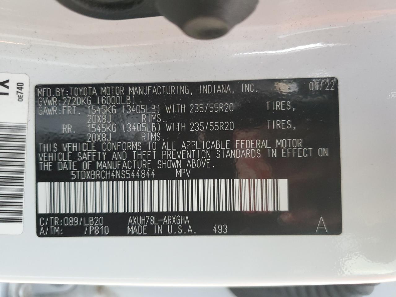 2022 TOYOTA HIGHLANDER HYBRID LIMITED VIN:5TDXBRCH4NS544844