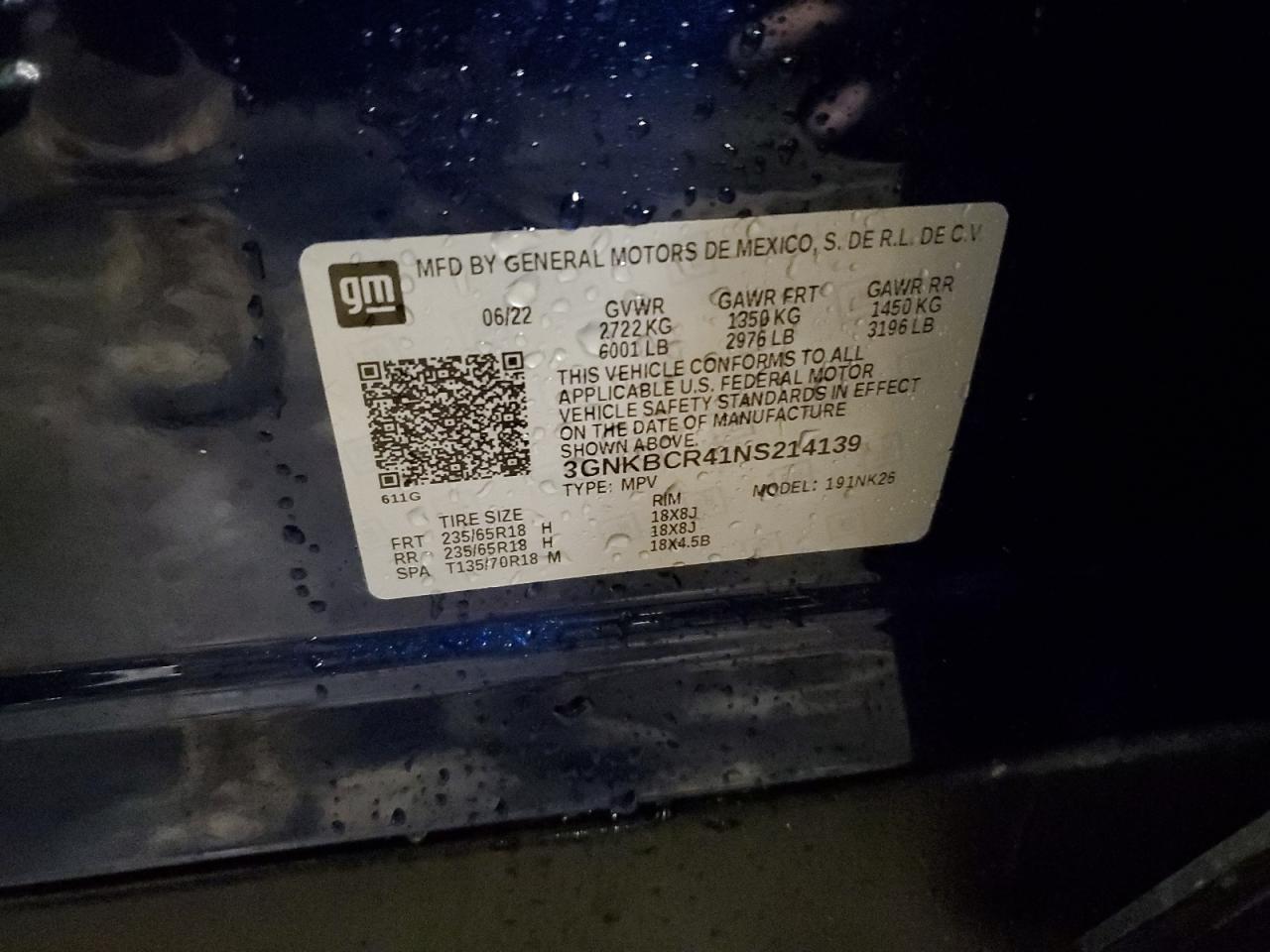 2022 CHEVROLET BLAZER 2LT VIN:3GNKBCR41NS214139