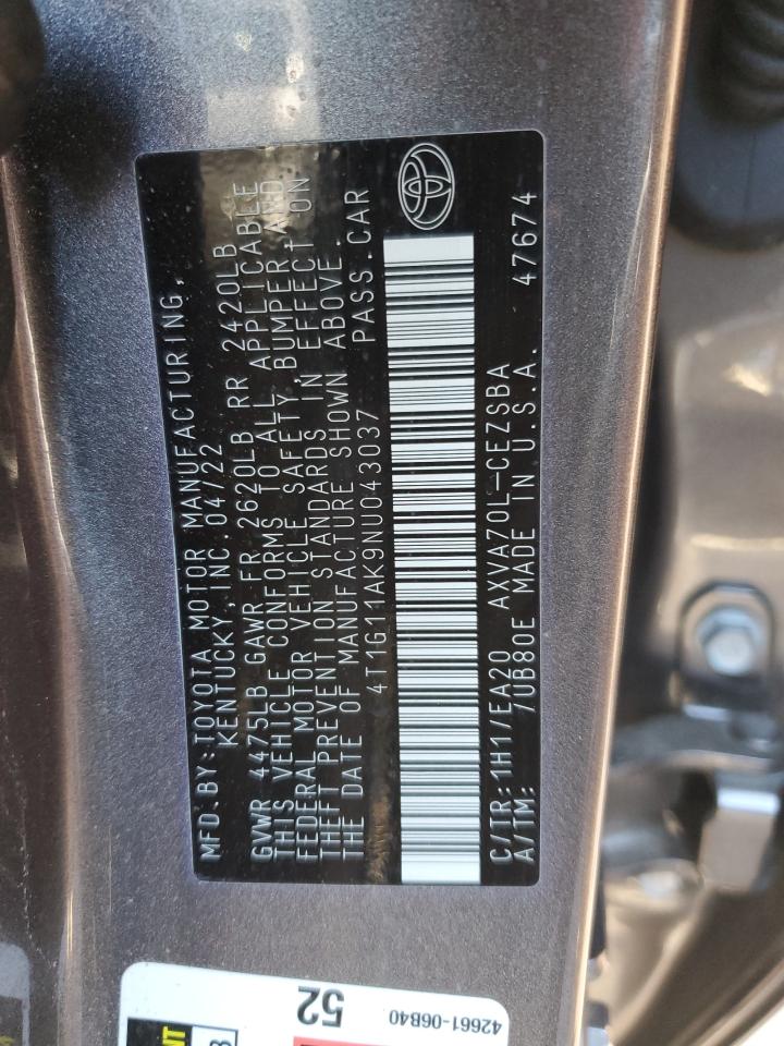 2022 TOYOTA CAMRY SE VIN:4T1G11AK9NU043037