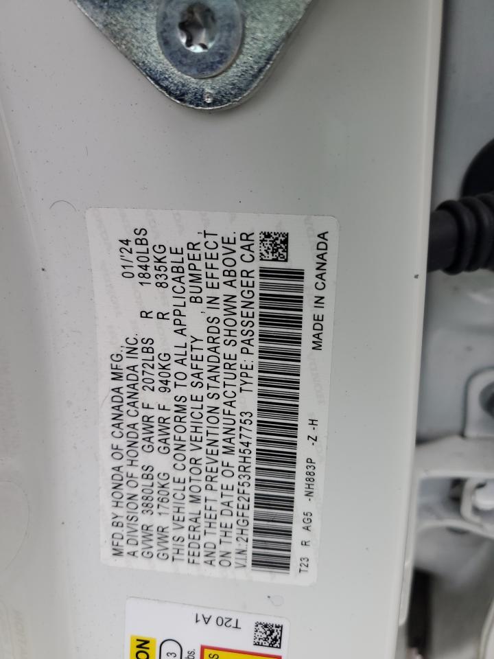 2024 HONDA CIVIC SPORT VIN:2HGFE2F53RH547753
