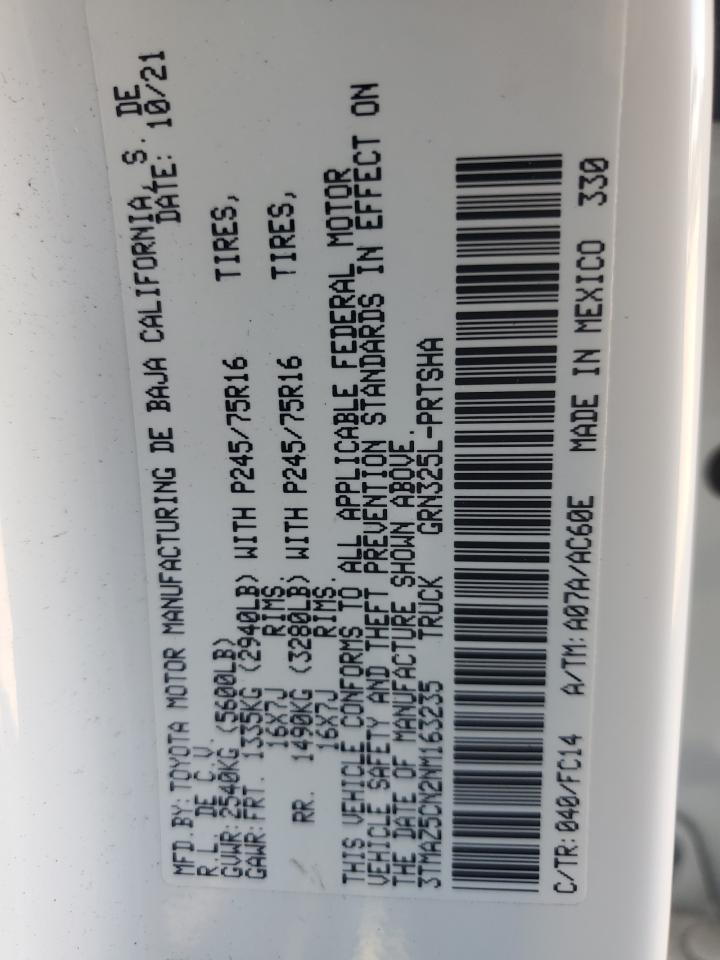 2022 TOYOTA TACOMA DOUBLE CAB VIN:3TMAZ5CN2NM163235