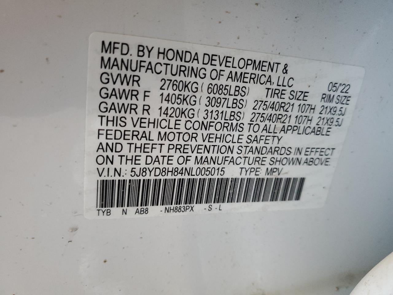 2022 ACURA MDX TYPE S ADVANCE VIN:5J8YD8H84NL005015