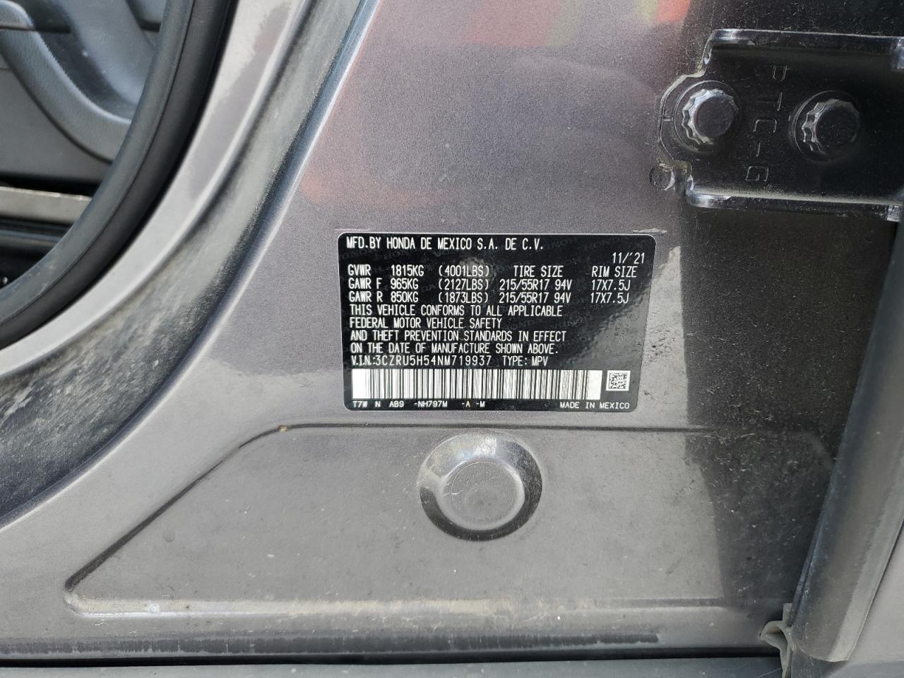 2022 HONDA HR-V EX VIN:3CZRU5H54NM719937