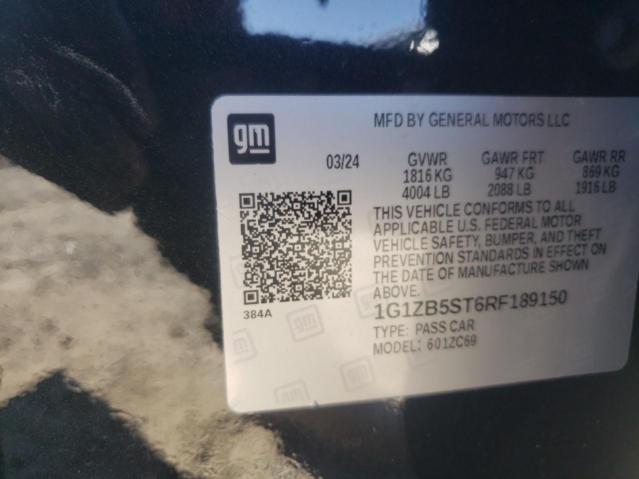 2024 CHEVROLET MALIBU LS VIN:1G1ZB5ST6RF189150