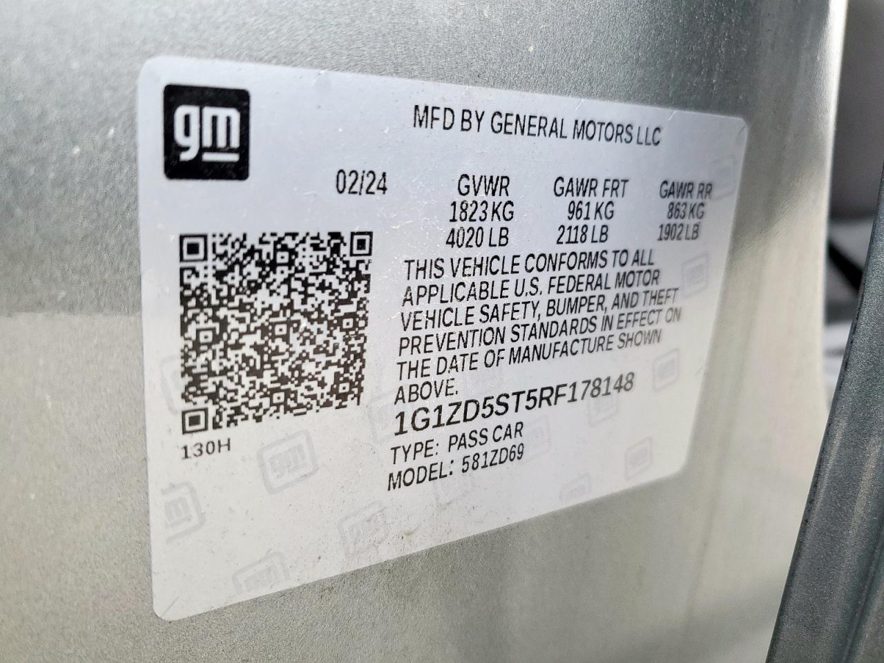 2024 CHEVROLET MALIBU LT VIN:1G1ZD5ST5RF178148