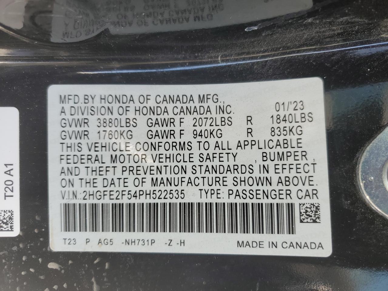 2023 HONDA CIVIC SPORT VIN:2HGFE2F54PH522535